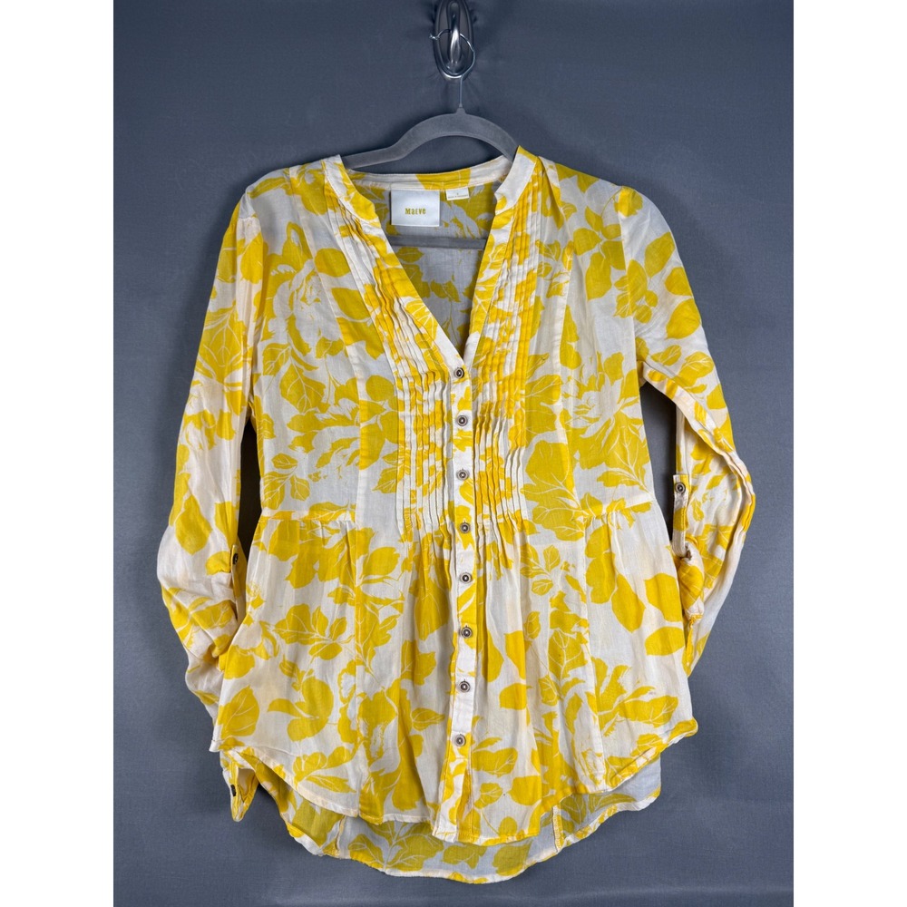 Maeve Tunic Top Womens 6 Yellow White Floral Pintuck Roll Tab Peplum Blouse